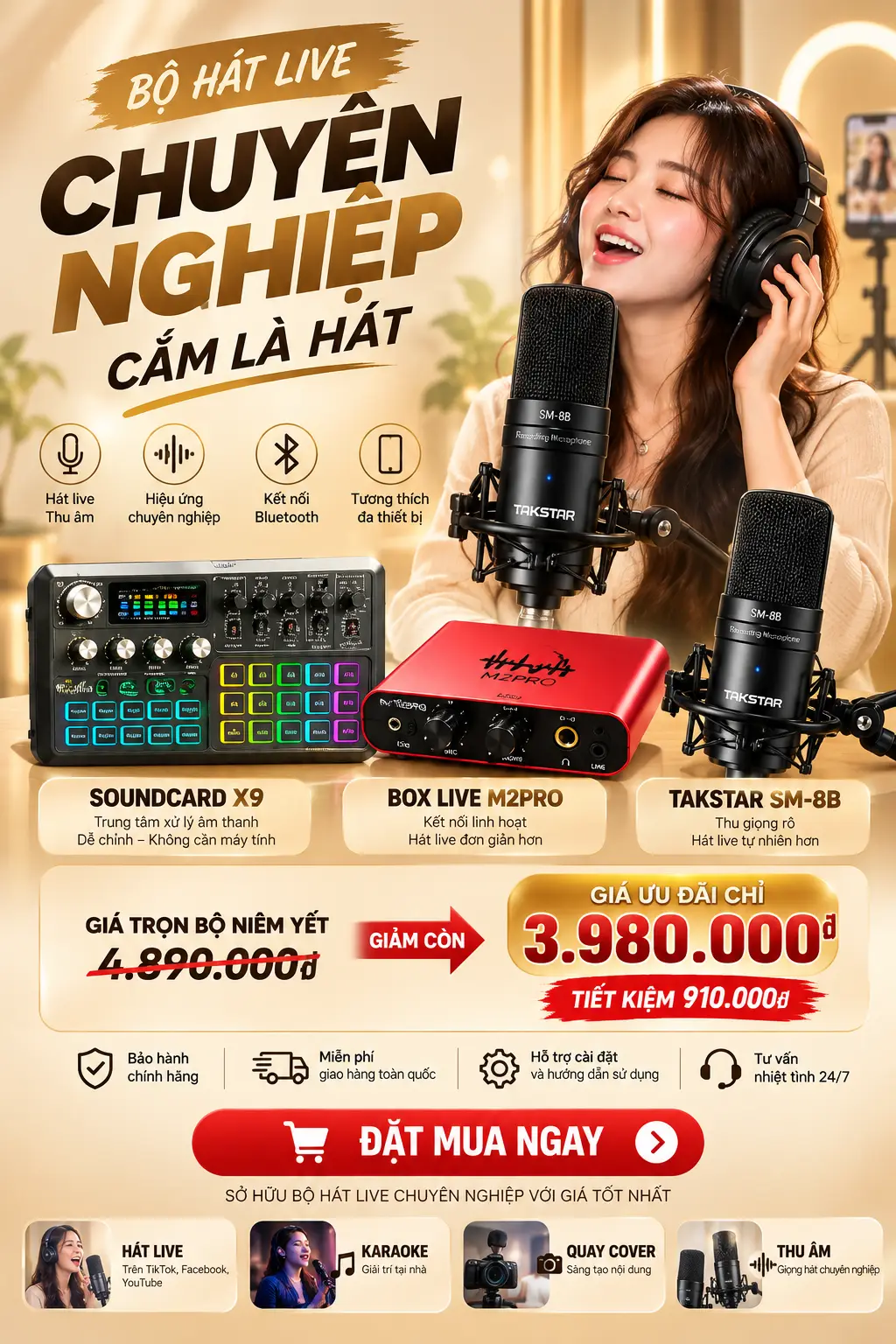 Trọn bộ hát live Soundcard X9 Pro Box Live M2Pro Micro Takstar SM-8B Gen 2